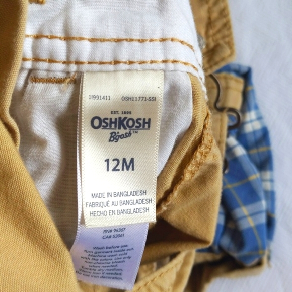 oshkosh b'gosh tan cotton twill carpenter vestbak overalls with plaid 12 months - Picture 4 of 10